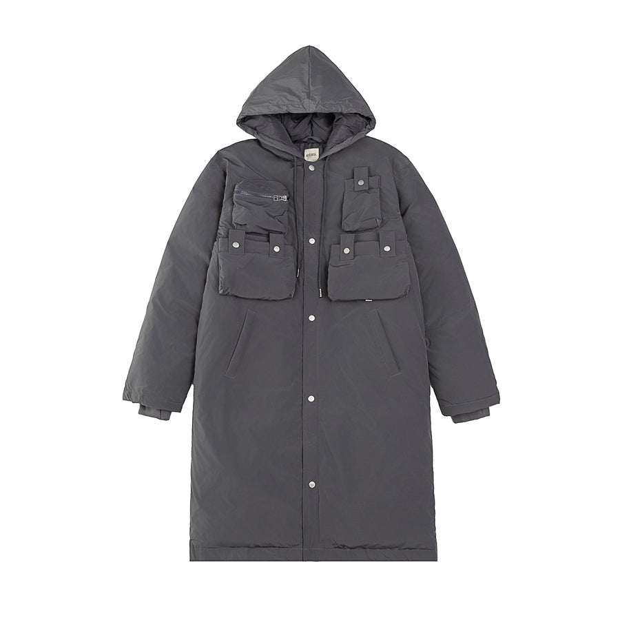 MULTI POCKET LONG DOWN JACKET - CHARCOAL