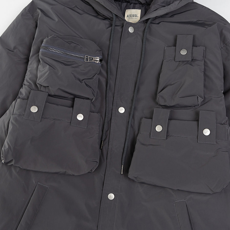 MULTI POCKET LONG DOWN JACKET - CHARCOAL