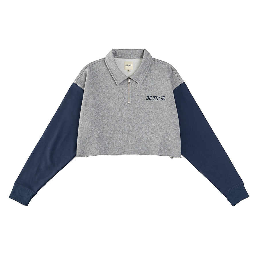 BE TRUE CROP POLO SWEATSHIRT - HEATHER GREY