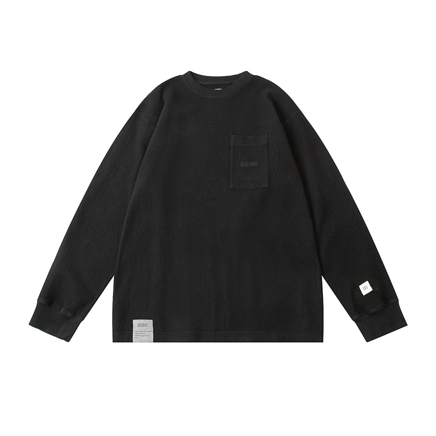 PIGMENT DYE WAFFLE POCKET LONG TEE - BLACK