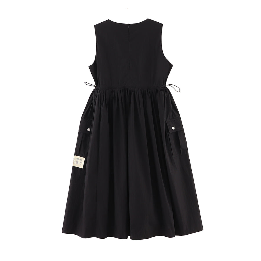 COTTON/NYLON POCKETS LONG DRESS - BLACK