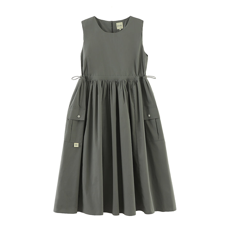 COTTON/NYLON POCKETS LONG DRESS - CHARCOAL