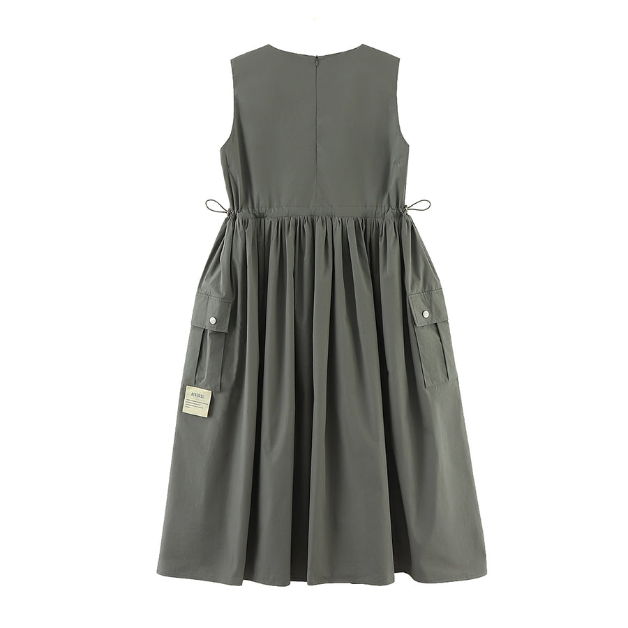 COTTON/NYLON POCKETS LONG DRESS - CHARCOAL